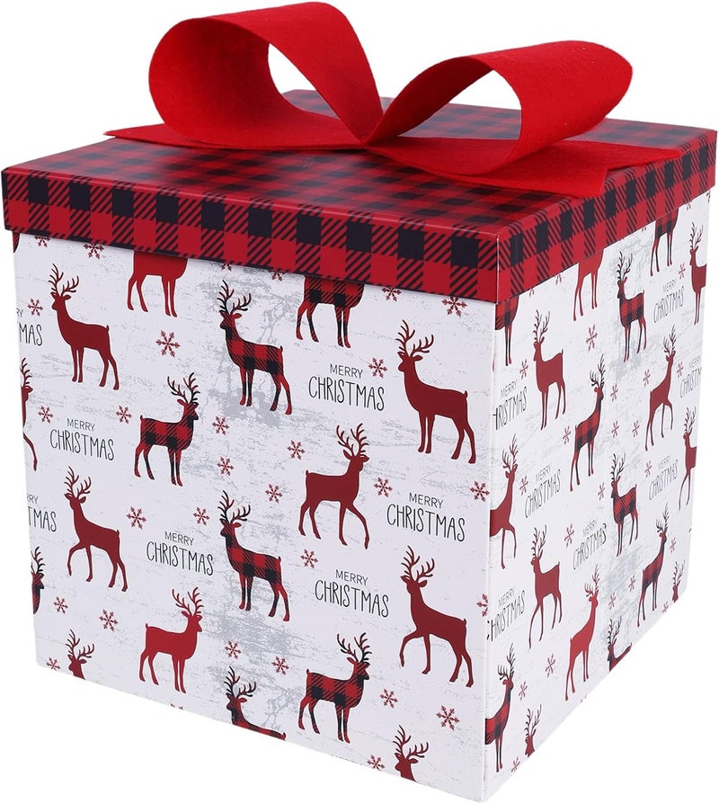 LaRibbons Large Christmas Gift Boxes with Lids,10x10x10 Inches Deer Design Folding Square Gift Boxes for Christmas Decorative,Xmas,Present,Storage,Red and White - Image 1